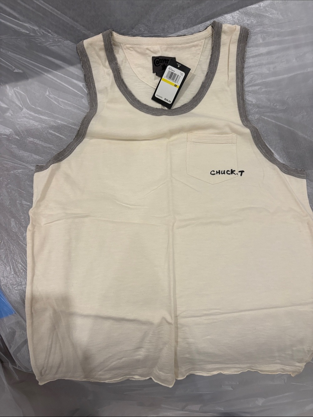 Converse Cream Tank Top with Gray Trim and Pocket Logo